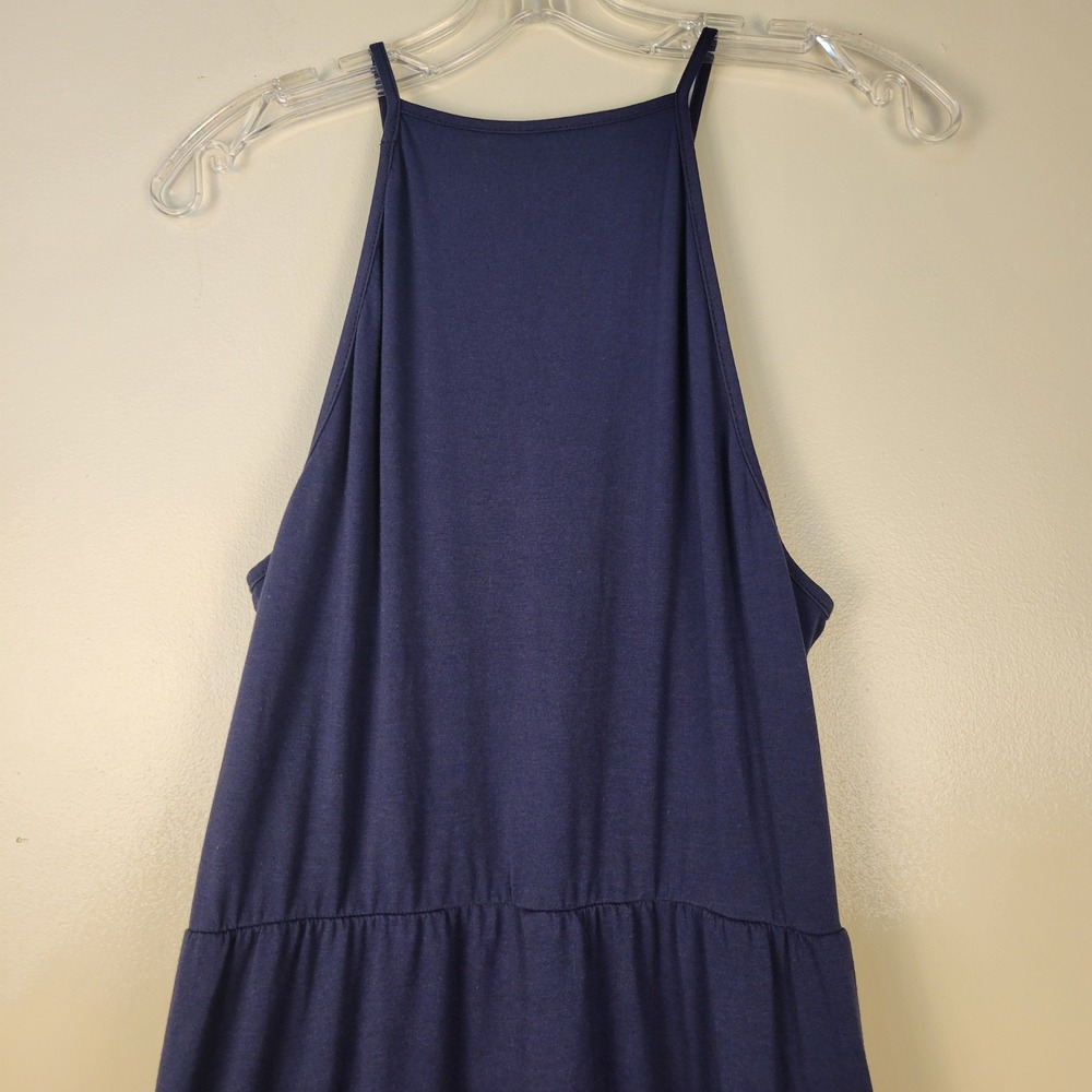 Navy Blue High Neck Halter Maxi Dress Sleeveless Pockets Jersey Knit